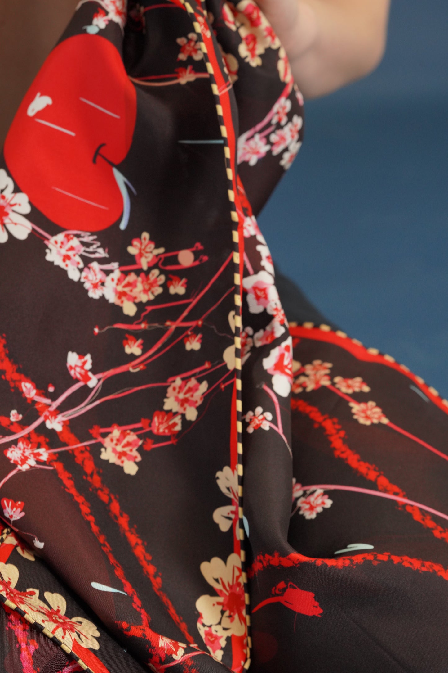 cherry blossom silk scarf checkered border