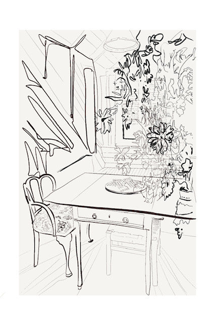 one-line drawing of room in lyfor cay bahamas, with a table displaying chinese checkers and floral arrangement.