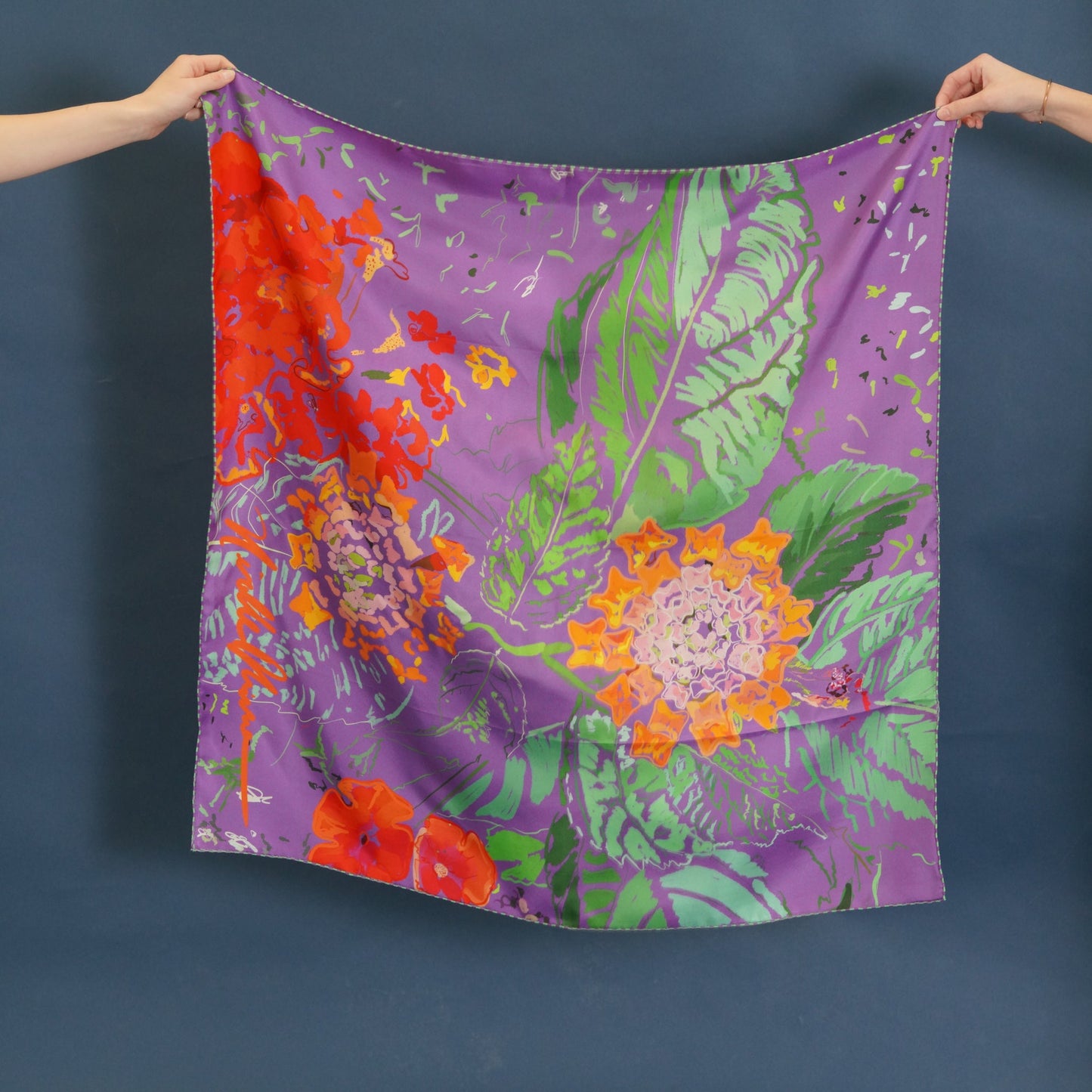 lantana bright silk scarf pattern in purple, red, green and orange