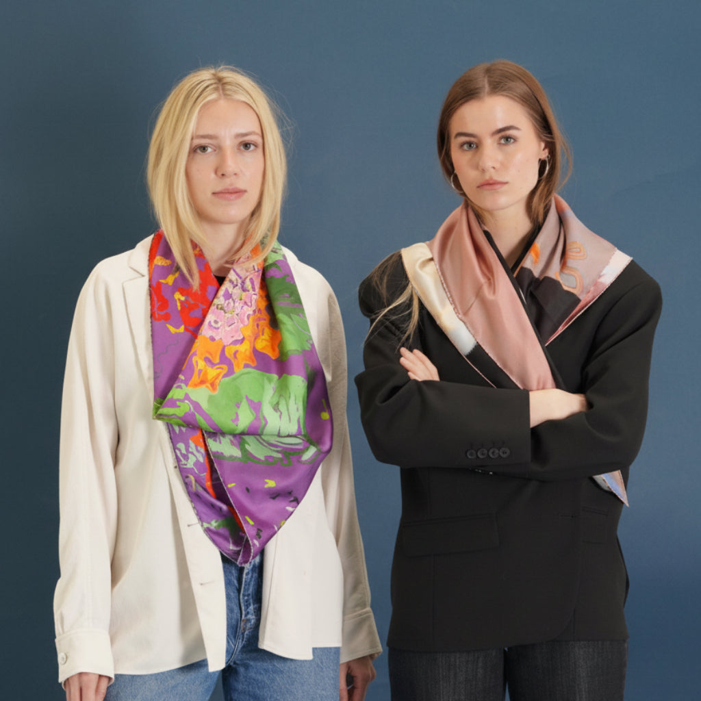 models wearing lantana and swallow birds pattern silk scarves