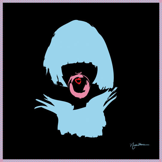 Silk scarf square showcasing a girl with blue short hair blowing a gum bubble. Blue checkered borders.