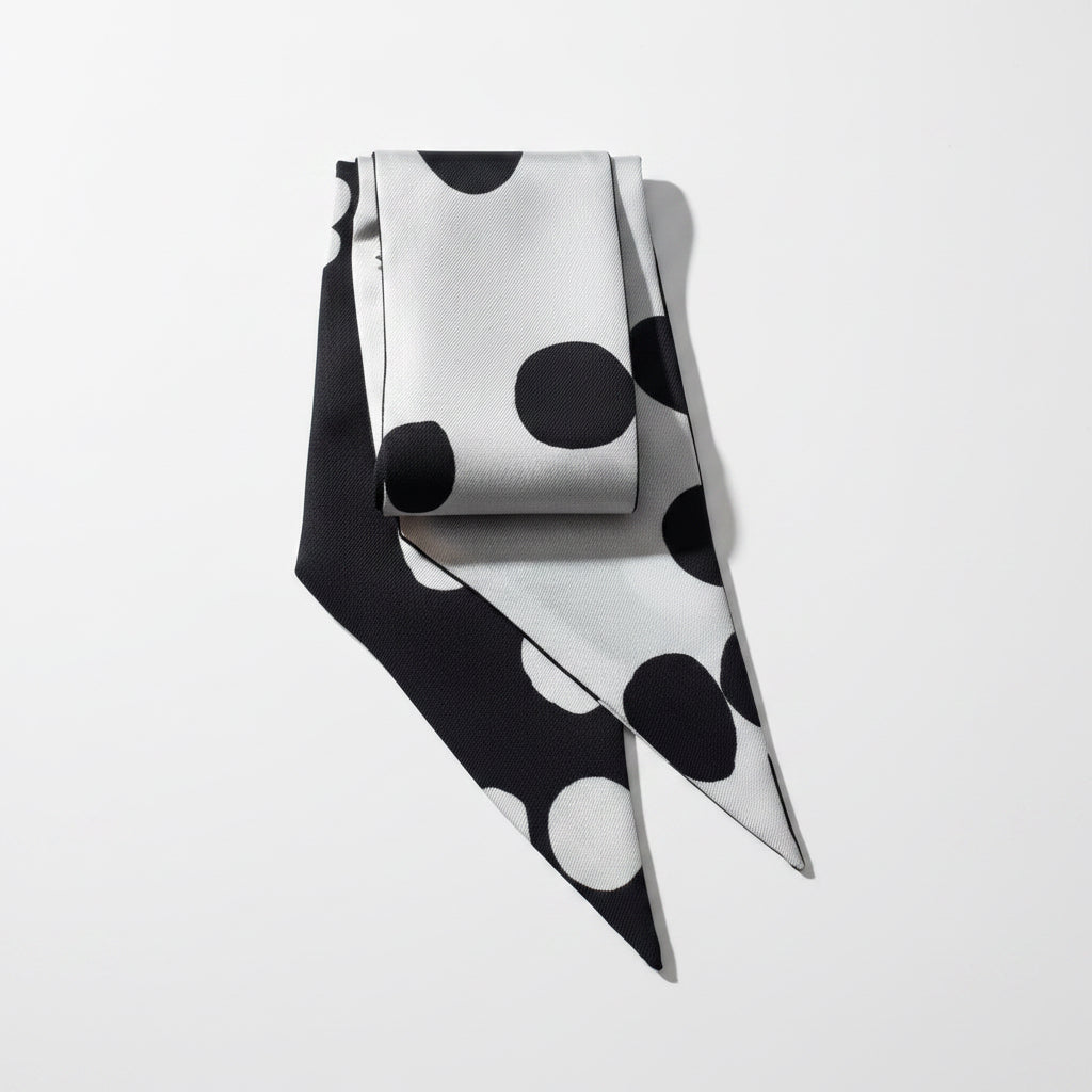 A folded silk scarf with a bold black and white polka dot pattern, displayed on a textured beige linen background.