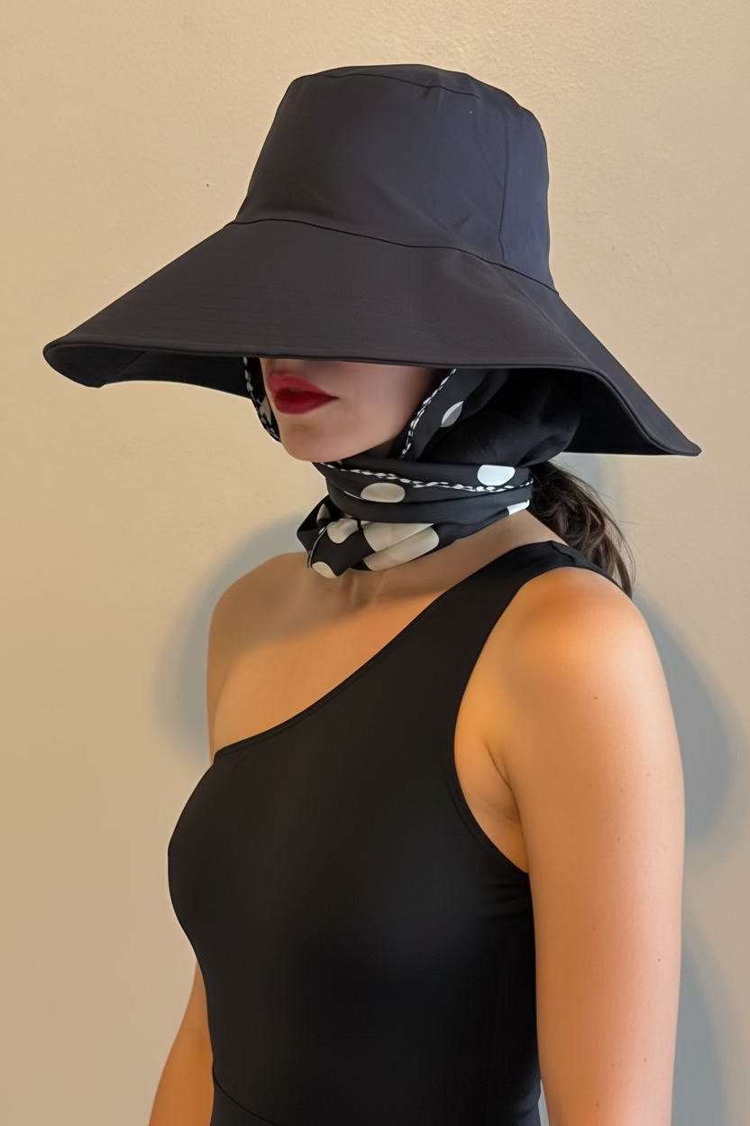 A person wearing a wide-brimmed black sun hat with a matching neck silk  scarf, paired with a white sleeveless top against a plain beige wall.
