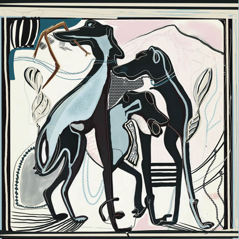 silk square scarf of hounds holding a branch, the scarf has soft pinks and blue hues with bold striking black  lines with an ivory background.