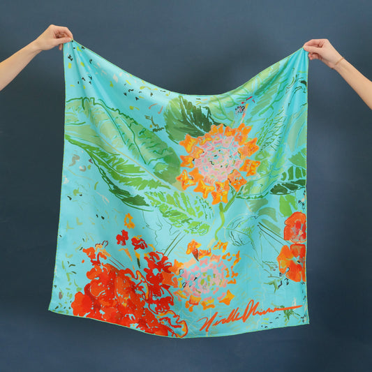 lantana floral print scarf- blue, red , green, orange line pattern