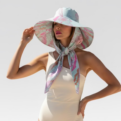 A woman on a sunny beach wearing a cream one-piece swimsuit, a pastel sun hat, and a matching patterned neck scarf. The background features turquoise ocean water, white sand, and a rocky coastline under a clear blue sky.