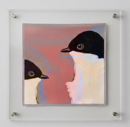 silk squared scarf with swallow bird and brood facing each other original art printed- soft pinks and blues background with bold black contrasting heads.