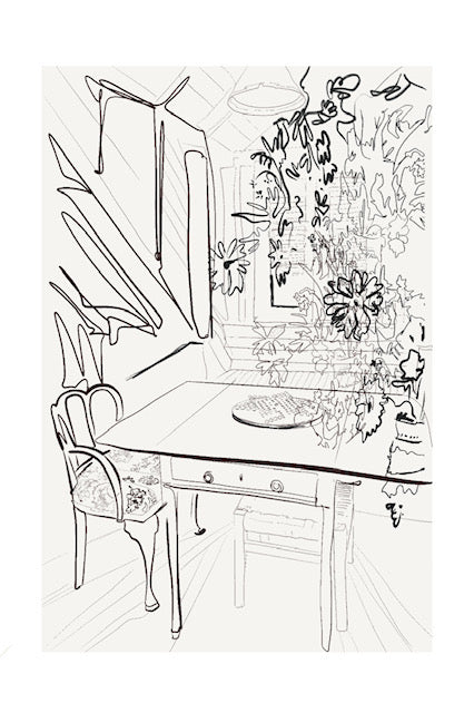 one-line drawing of room in lyfor cay bahamas, with a table displaying chinese checkers and  floral arrangement. 