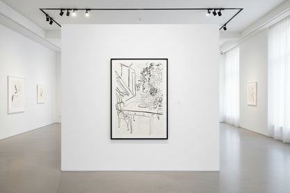 one-line drawing of room in lyfor cay bahamas, with a table displaying chinese checkers and  floral arrangement. 