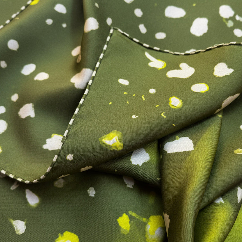 A close-up of folded olive green fabric with a white and yellow abstract spotted pattern and a visible white dashed stitched edge.