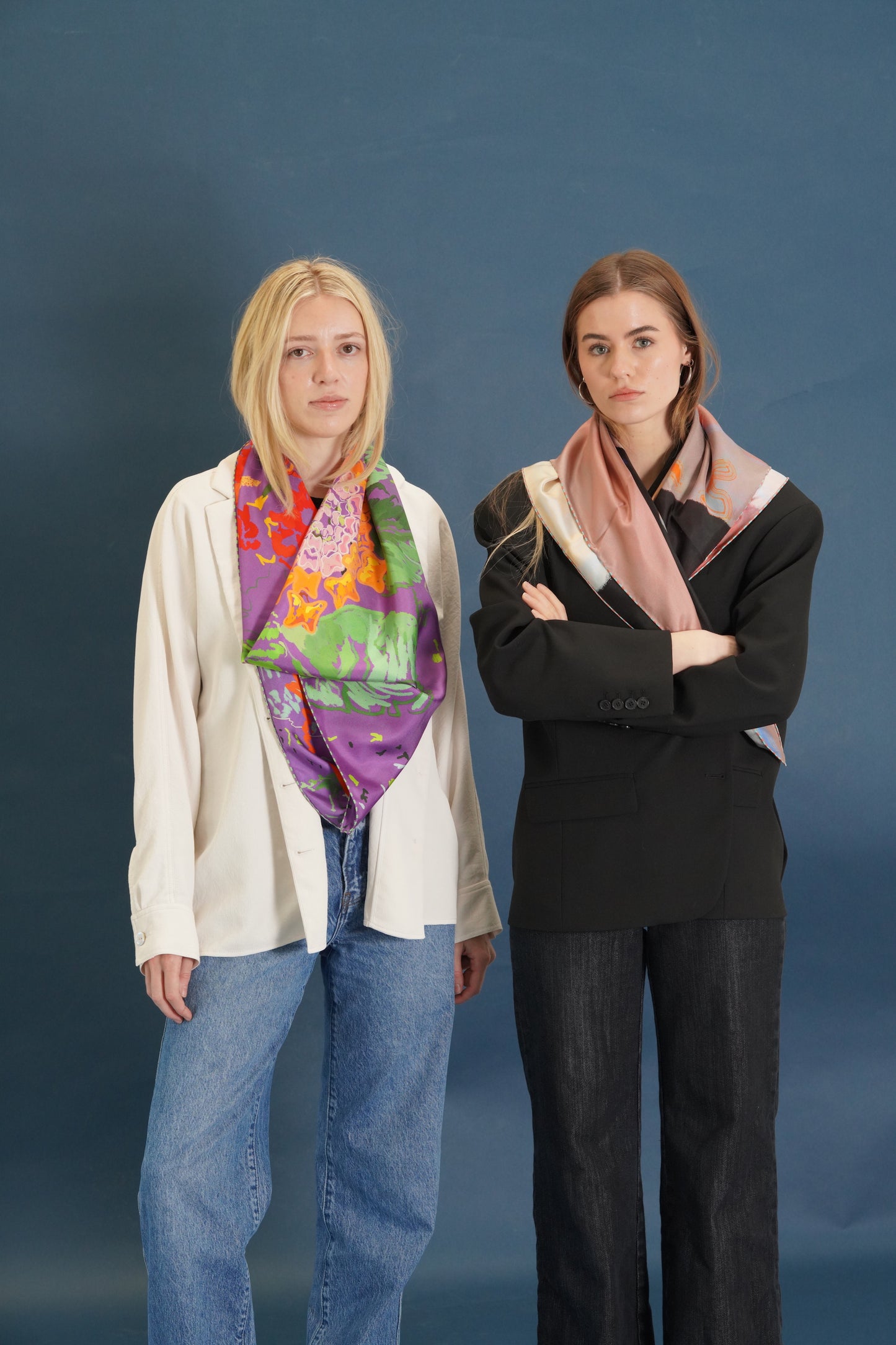 models wearing lantana and swallow birds pattern silk scarves 