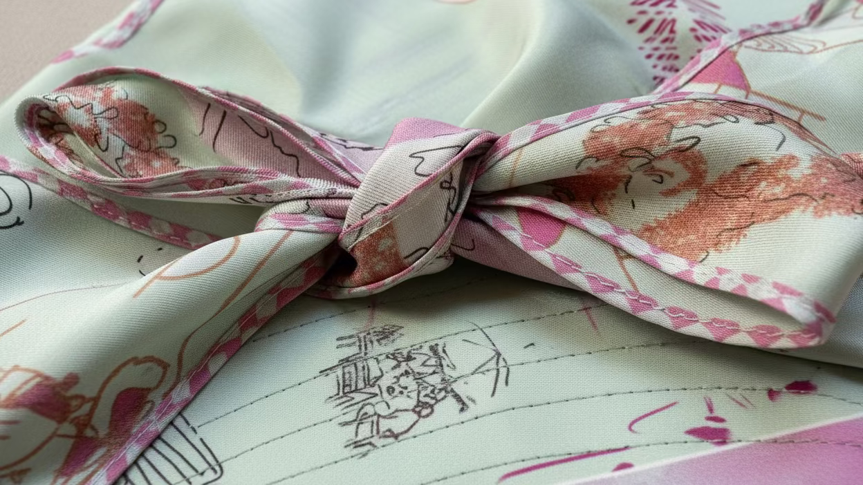 A close-up of a patterned scarf sun hat tied in a knot, featuring a light mint green base with pink, rust orange, and black artistic doodles.