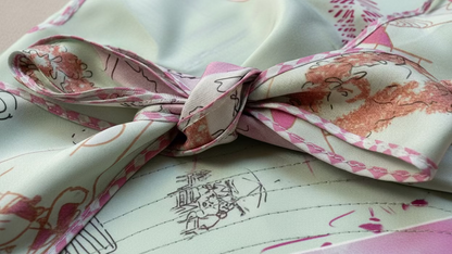 A close-up of a patterned scarf sun hat tied in a knot, featuring a light mint green base with pink, rust orange, and black artistic doodles.
