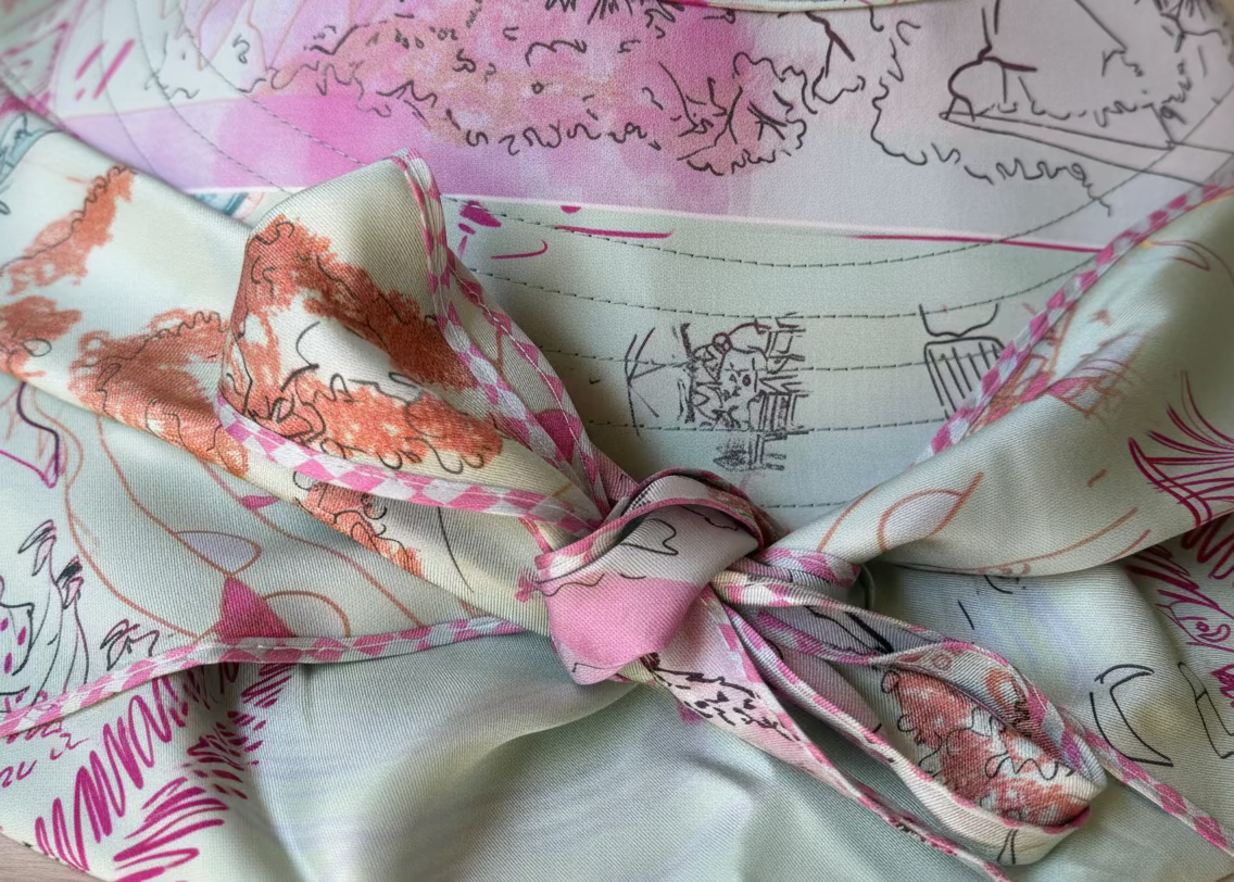 A close-up of a light sage green silk scarf with a pink and orange floral print, tied in a bow on a mannequin torso.
