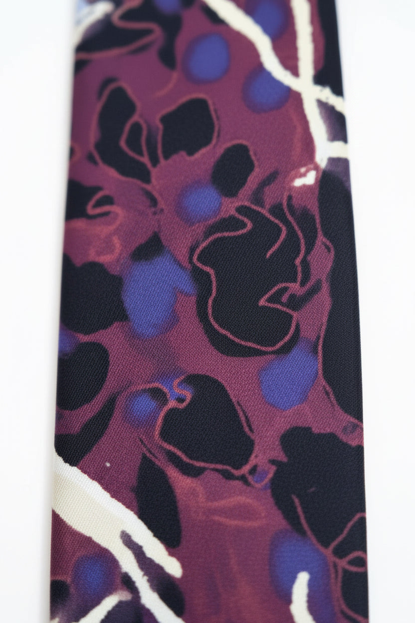 A close-up of a folded patterned scarf or fabric accessory laid on a textured beige surface. The design features abstract brushstrokes and stripes in burgundy, purple, black, cream, and blue.