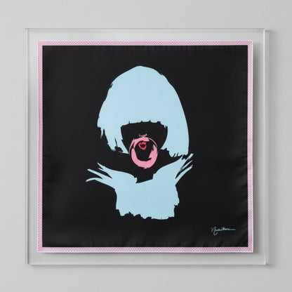 Silk scarf square showcasing a girl with blue short hair blowing a gum bubble. Blue checkered borders.