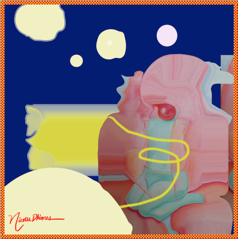 silk scarf square with an abstract design of cloudy skies and gum figure tied by a yellow rope.