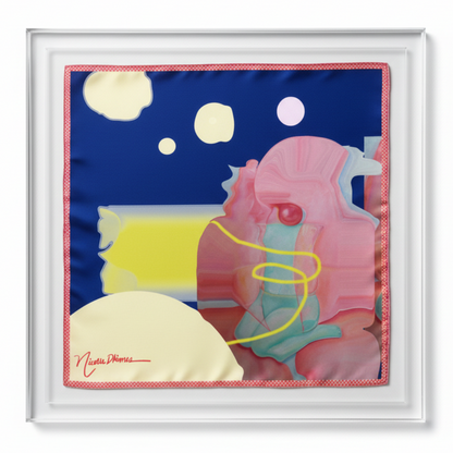 silk scarf square with an abstract design of cloudy skies and gum figure tied by a yellow rope.