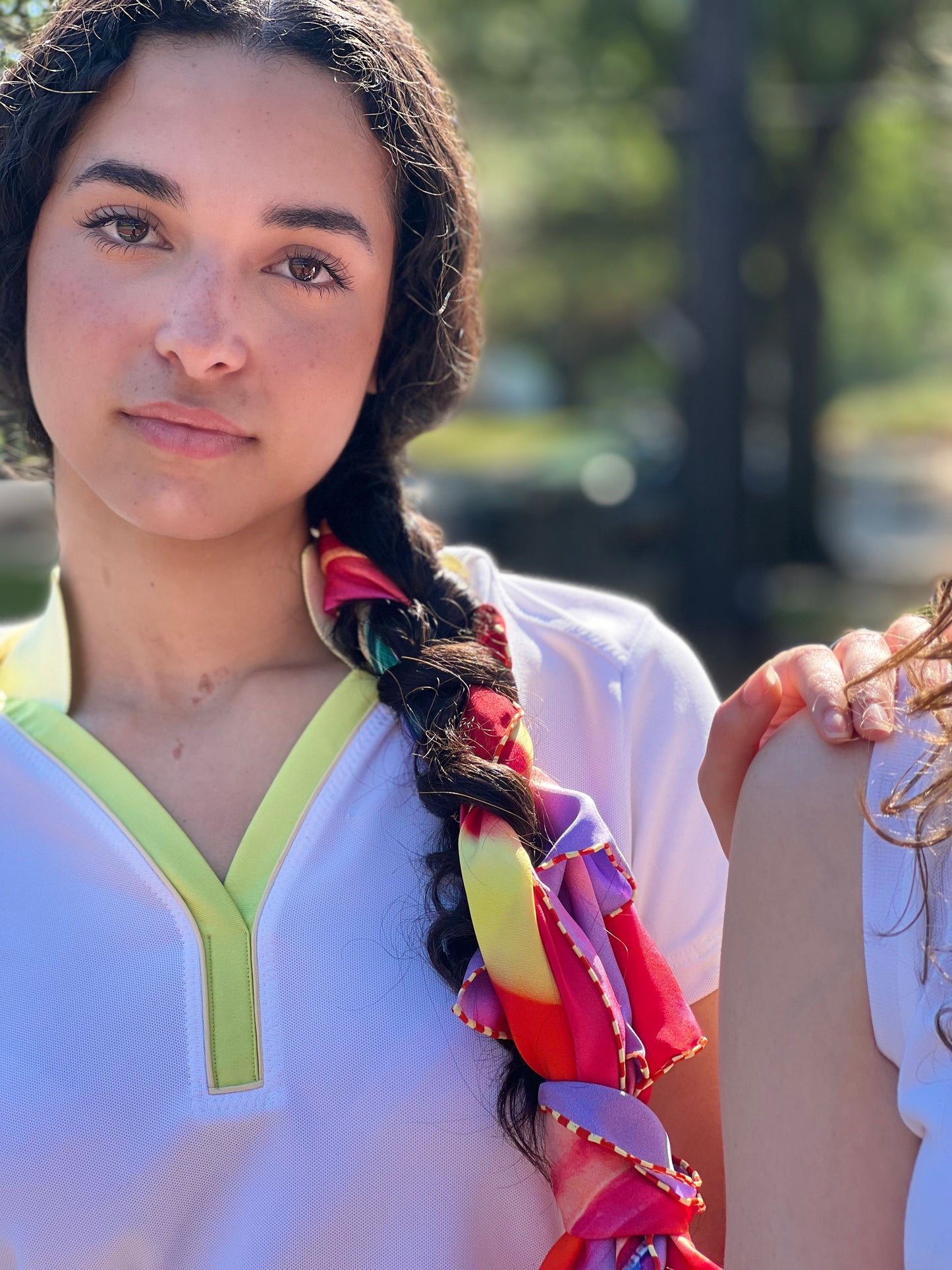 woman with silk scarf braided in hair 