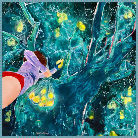 silk scarf square with a design of a girl in red shorts picking  bright yellow pears from a tree.