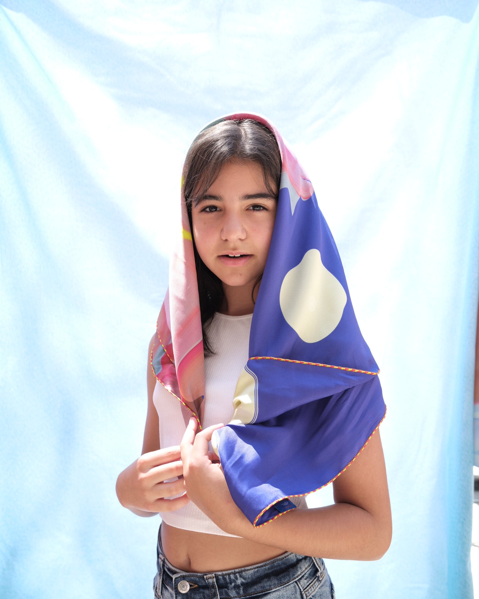 girl wearing a Blue silk scarf on head