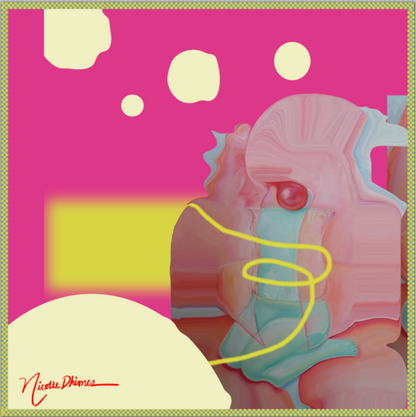 pink silk square scarf of a design with pink skies and abstract gum sculpture lassoed with yellow rope 